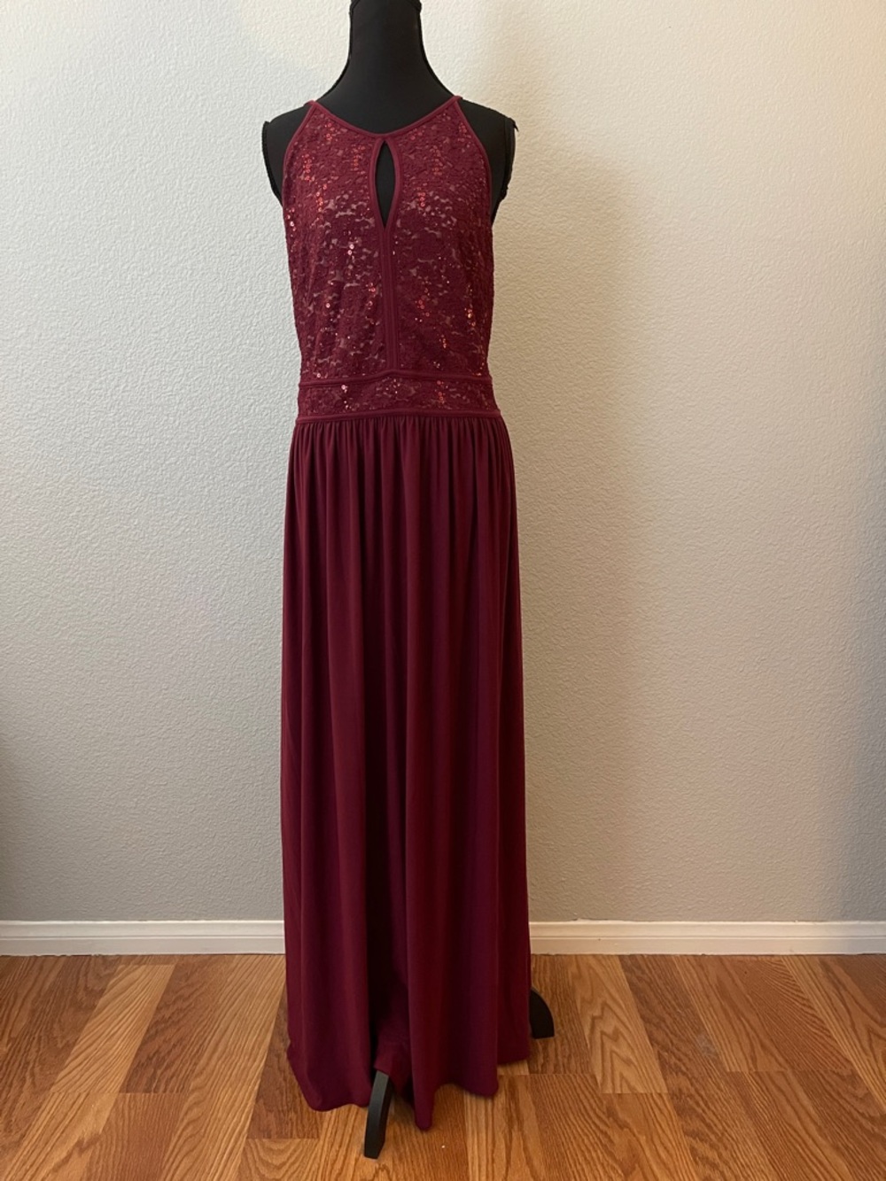 Morgan & Co. Burgundy Lace-Sequined Maxi Dress with Keyhole